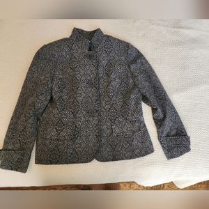 Coldwater Creek 14P Mandarin Collar Grey on Black Jacquard wool blend Jacket EUC